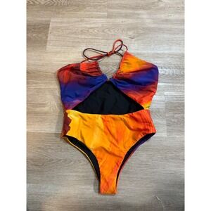 BFYNE Quinn One Piece Sunset Print Halter Cutout Swimsuit L